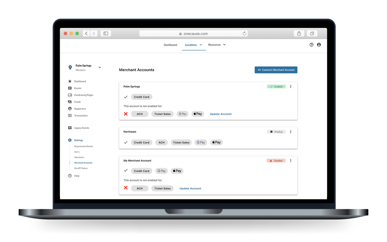 Merchant Accounts list with status labels