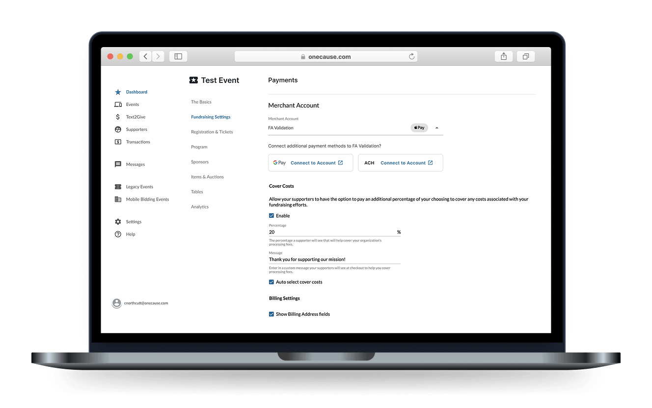 Payment configuration showing merchant account selection